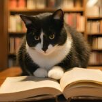 Egy fekete-fehér macska pihen egy nyitott könyvön, könyvtárban.