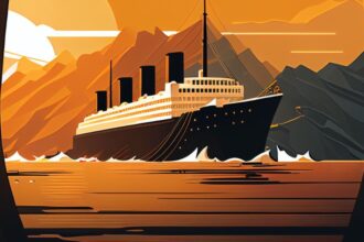 A Titanic hajója naplementében, hegyek között vitorlázva.