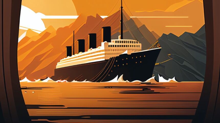 A Titanic hajója naplementében, hegyek között vitorlázva.