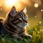 Egy gyönyörű macska fekszik a zöld fűben, háttérben napfény és csillogás.