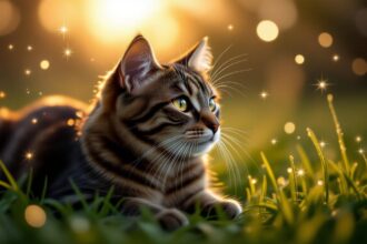 Egy gyönyörű macska fekszik a zöld fűben, háttérben napfény és csillogás.