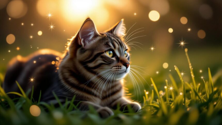 Egy gyönyörű macska fekszik a zöld fűben, háttérben napfény és csillogás.
