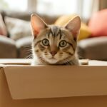 Egy macska ül egy dobozban, kíváncsian néz körül a lakásban.