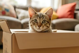 Egy macska ül egy dobozban, kíváncsian néz körül a lakásban.