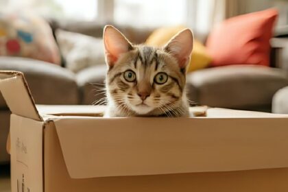 Egy macska ül egy dobozban, kíváncsian néz körül a lakásban.