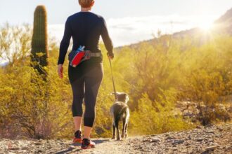 Egy nő kutyájával sétál a naplementében, gyönyörű természetben.