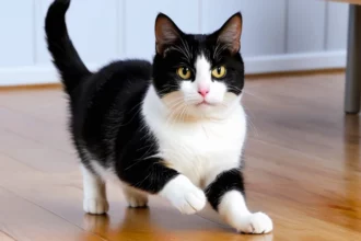 Egy boldog, fekete-fehér macska sétál a fapadlón, élénk és kíváncsi tekintettel.