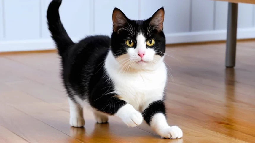 Egy boldog, fekete-fehér macska sétál a fapadlón, élénk és kíváncsi tekintettel.