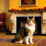 Egy cica ül a kandalló előtt, nyugodt és figyelmes, a szobában gyertyák világítanak.