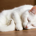 Egy fehér macska békésen alszik, összegömbölyödve a fapadlón.