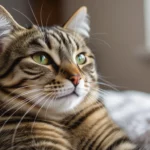 Egy cica pihen, dorombolva, a szőnyegen, boldogan nézve a világot.