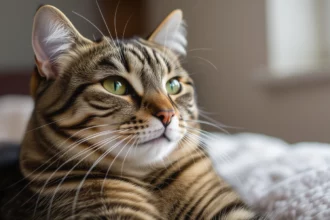 Egy cica pihen, dorombolva, a szőnyegen, boldogan nézve a világot.