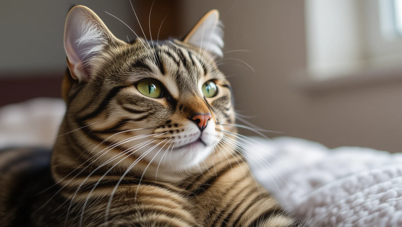 Egy cica pihen, dorombolva, a szőnyegen, boldogan nézve a világot.