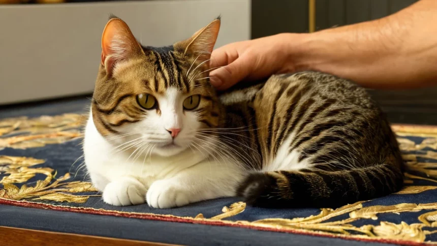 Egy macska fekszik egy díszes szőnyegen, gazdája simogatja, miközben nyugodt és figyelmes.