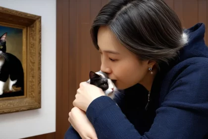 Egy gazdi szeretetteljesen öleli a macskáját, miközben egy macska portréja látható a háttérben.