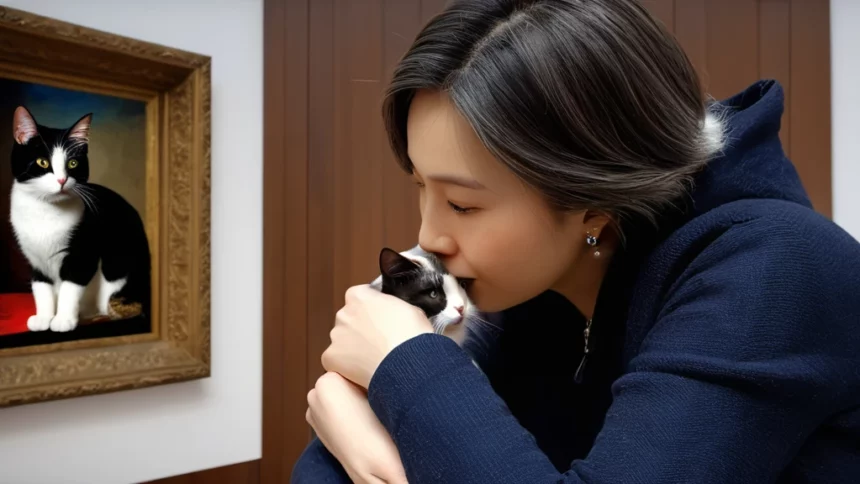 Egy gazdi szeretetteljesen öleli a macskáját, miközben egy macska portréja látható a háttérben.