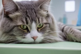 Egy szomorú macska fekszik egy zöld felületen, figyelmesen nézve a környezetét.