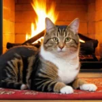 Egy macska fekszik egy piros szőnyegen a kandalló előtt, nyugodt és figyelmes.