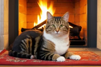 Egy macska fekszik egy piros szőnyegen a kandalló előtt, nyugodt és figyelmes.