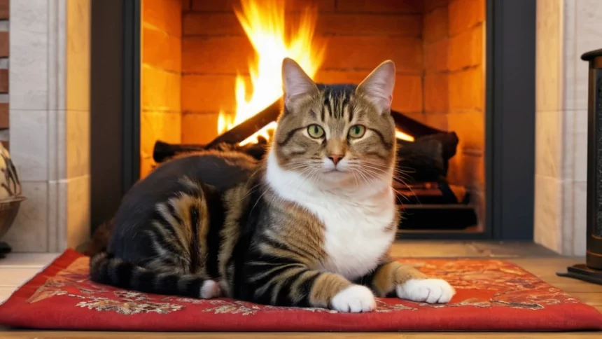 Egy macska fekszik egy piros szőnyegen a kandalló előtt, nyugodt és figyelmes.