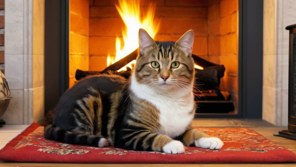 Egy macska fekszik egy piros szőnyegen a kandalló előtt, nyugodt és figyelmes.