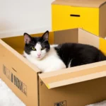 Egy fekete-fehér macska kényelmesen fekszik egy dobozban, körülötte más dobozok.