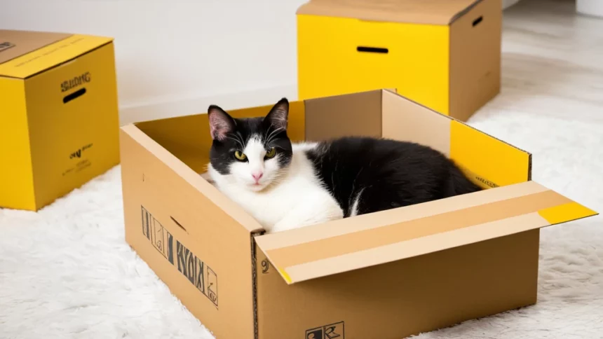 Egy fekete-fehér macska kényelmesen fekszik egy dobozban, körülötte más dobozok.