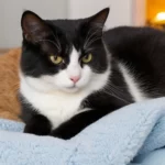 Fekete-fehér macska pihen egy puha takarón, nyugodt arckifejezéssel.