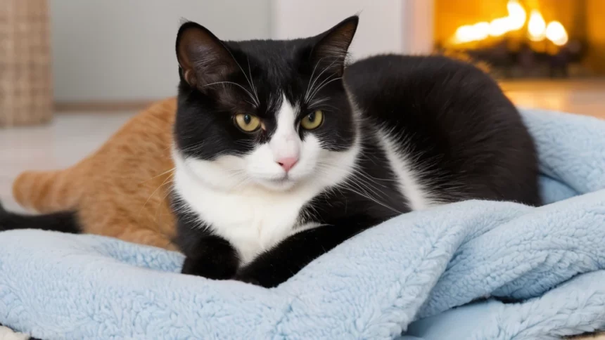 Fekete-fehér macska pihen egy puha takarón, nyugodt arckifejezéssel.