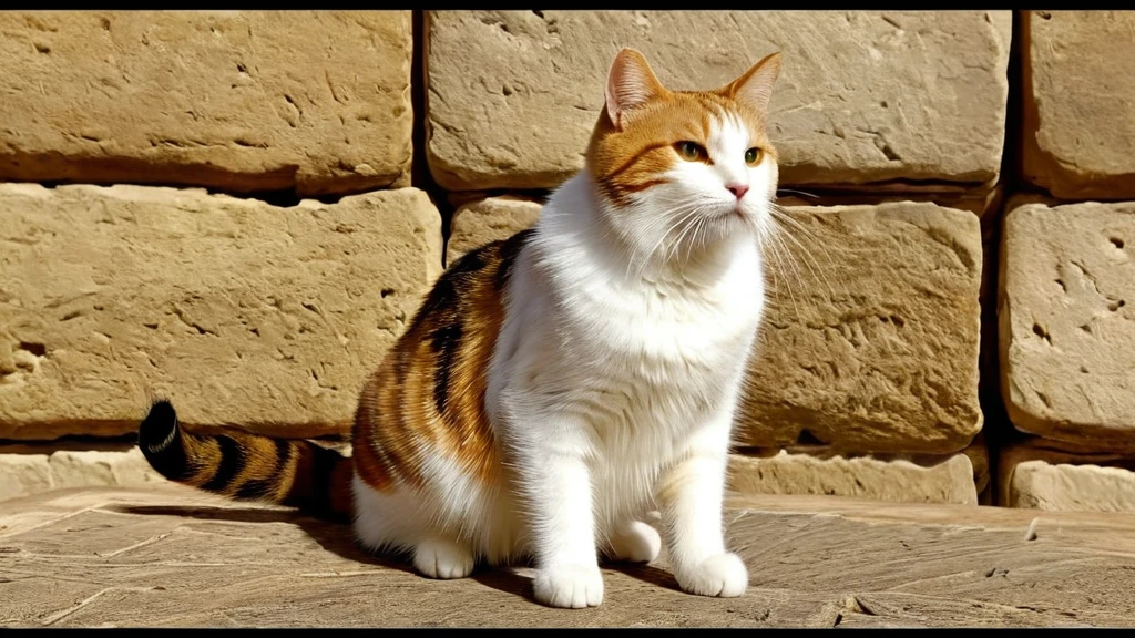 Macskák titkos nyelve – hogyan fejtsük meg jelzéseiket? Egy színes, fehér és barna macska ül egy kőfal előtt, figyelmesen néz.