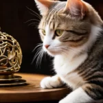 Egy szürke és fehér macska ül egy asztalon, figyelmesen néz egy díszes aranygömbre.