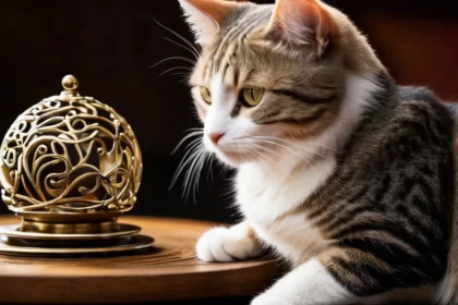 Egy szürke és fehér macska ül egy asztalon, figyelmesen néz egy díszes aranygömbre.