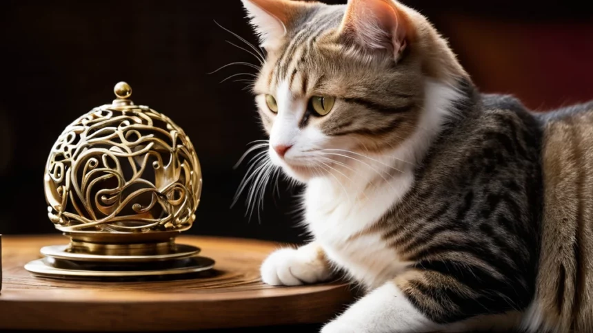 Egy szürke és fehér macska ül egy asztalon, figyelmesen néz egy díszes aranygömbre.