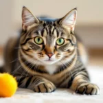 Egy játékos macska fekszik a padlón, előtte egy sárga labda, figyelmesen néz.