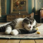 Egy pihenő macska fekszik a szőnyegen, lágy fényben, a háttérben bútorokkal.