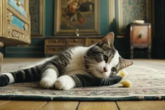 Egy pihenő macska fekszik a szőnyegen, lágy fényben, a háttérben bútorokkal.