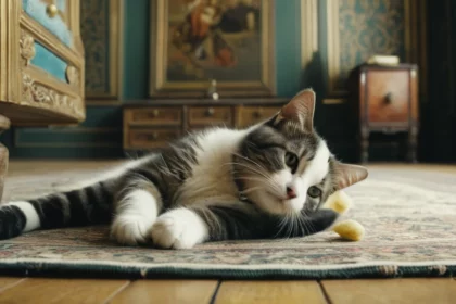 Egy pihenő macska fekszik a szőnyegen, lágy fényben, a háttérben bútorokkal.