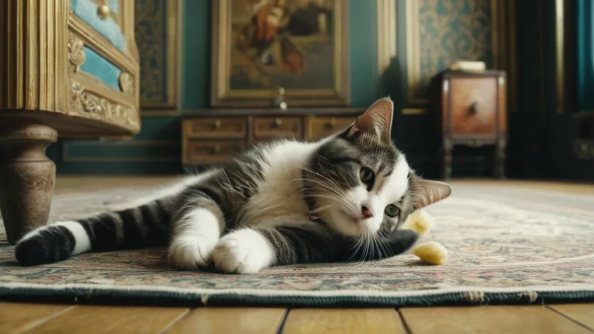 Egy pihenő macska fekszik a szőnyegen, lágy fényben, a háttérben bútorokkal.