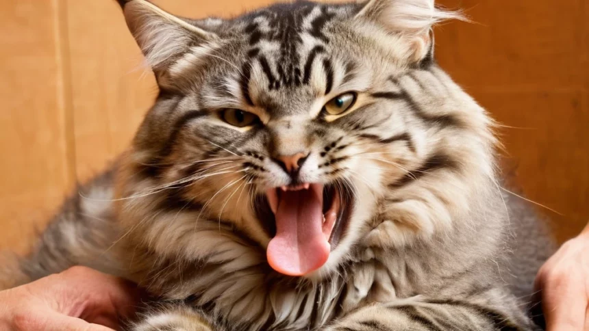 Egy hím macska, aki éppen fújtat, a viselkedése agresszívnak tűnik.
