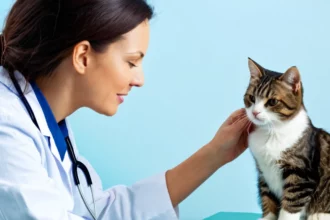 Egy állatorvos kedvesen simogatja a cicát, miközben figyelmesen néz rá.