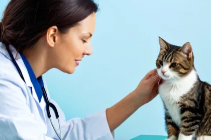 Egy állatorvos kedvesen simogatja a cicát, miközben figyelmesen néz rá.