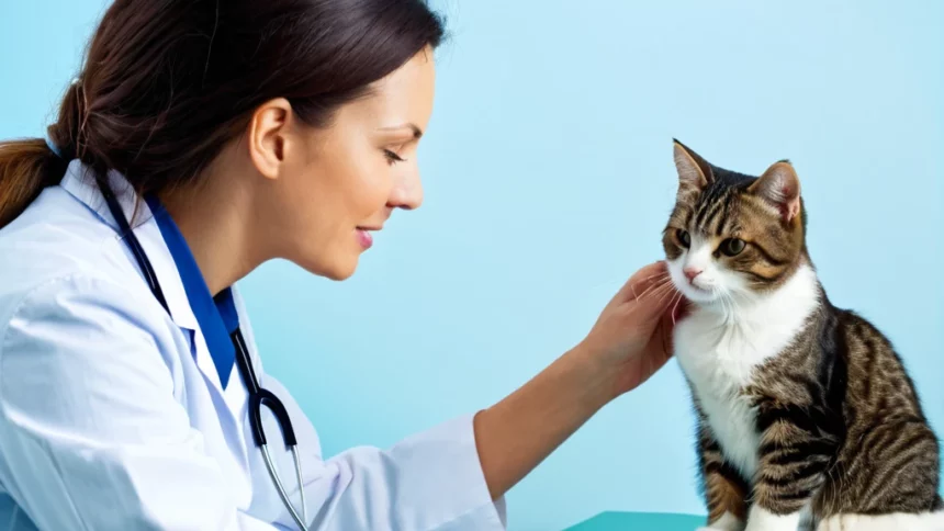 Egy állatorvos kedvesen simogatja a cicát, miközben figyelmesen néz rá.