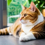 Egy benti cica pihen egy világos szobában, zöld növények között.