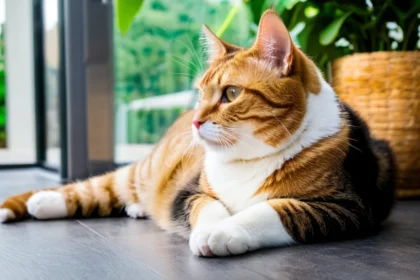 Egy benti cica pihen egy világos szobában, zöld növények között.