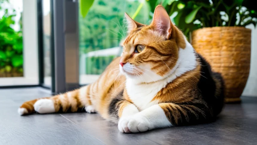 Egy benti cica pihen egy világos szobában, zöld növények között.