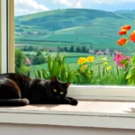 Egy fekete cica pihen a napsütéses ablakpárkányon, virágok mellett, gyönyörű zöld tájra nézve.