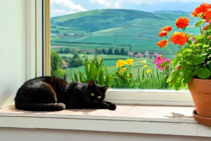 Egy fekete cica pihen a napsütéses ablakpárkányon, virágok mellett, gyönyörű zöld tájra nézve.