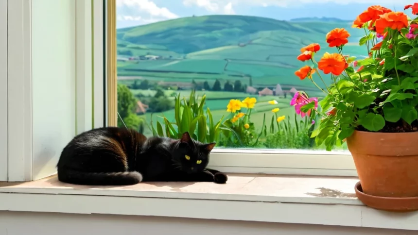 Egy fekete cica pihen a napsütéses ablakpárkányon, virágok mellett, gyönyörű zöld tájra nézve.