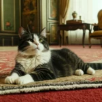 Egy cica pihen a szőnyegen, körülötte elegáns bútorokkal, látszólag nyugodt állapotban.