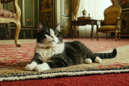 Egy cica pihen a szőnyegen, körülötte elegáns bútorokkal, látszólag nyugodt állapotban.